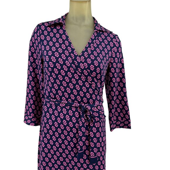 Julie Brown NYC Womens Wrap Dress Pink Navy Print Size Medium scuba knit - Picture 3 of 7